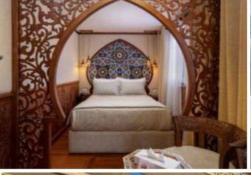 A cabin aboard El Hanem with an arched carved bedhead
